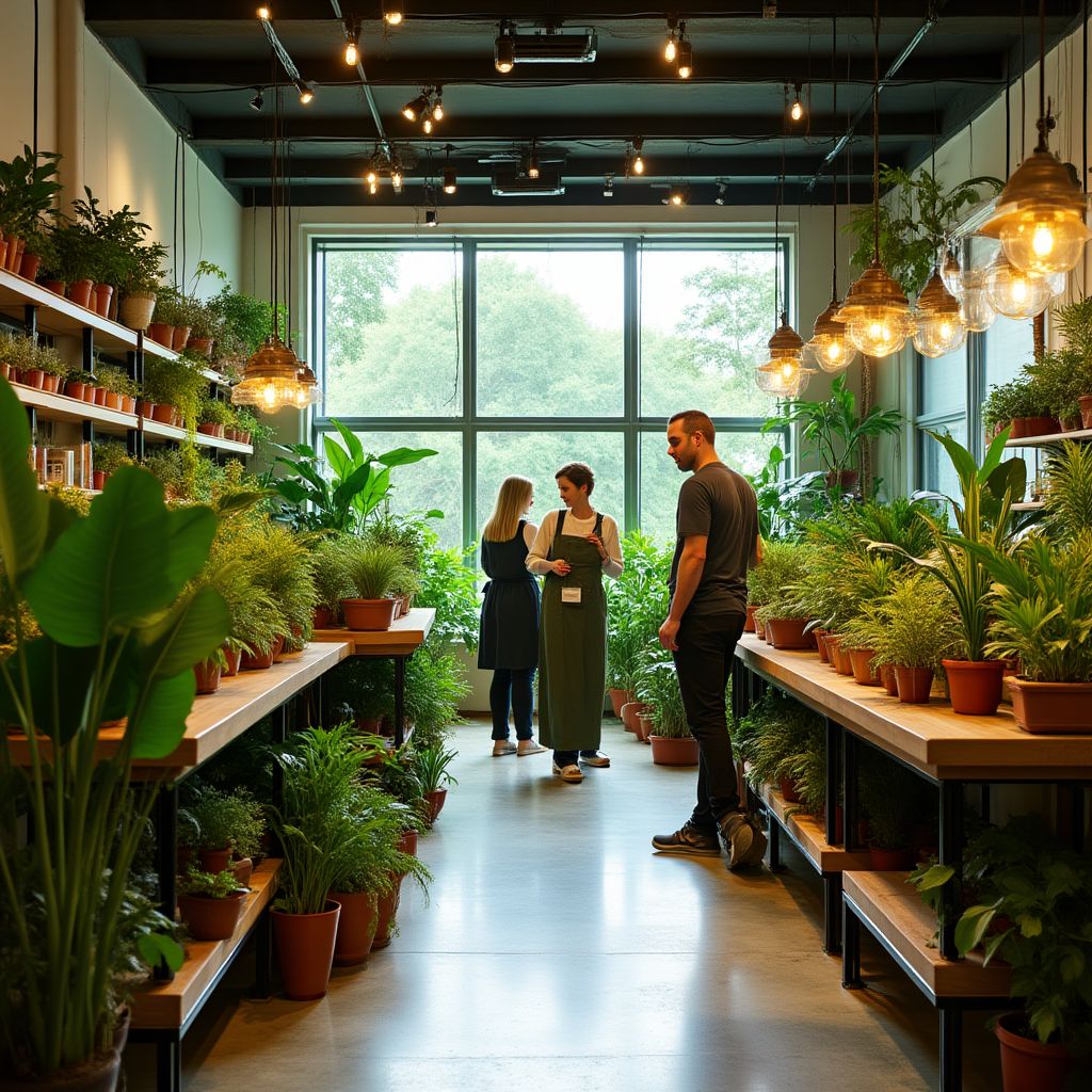 Boutique Verdura avec nombreuses plantes tropicales et équipe souriante
