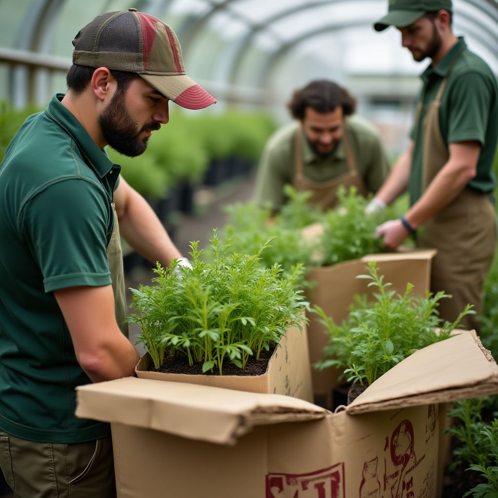 Équipe Verdura emballage soigné plantes livraison protection transport