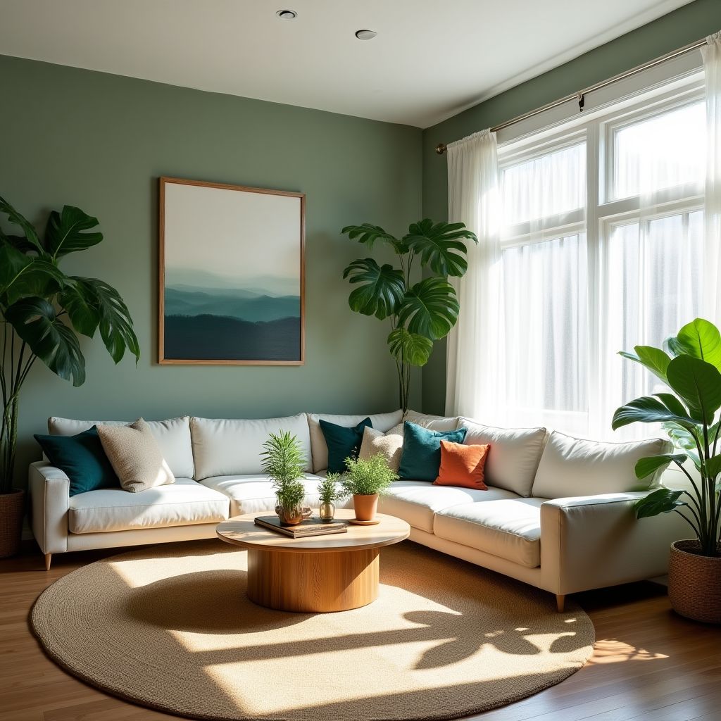 Salon moderne aménagé avec plantes tropicales
