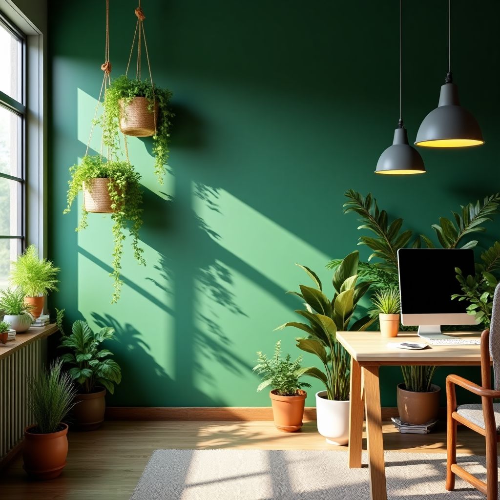 Espace bureau avec mur végétal et plantes suspendues